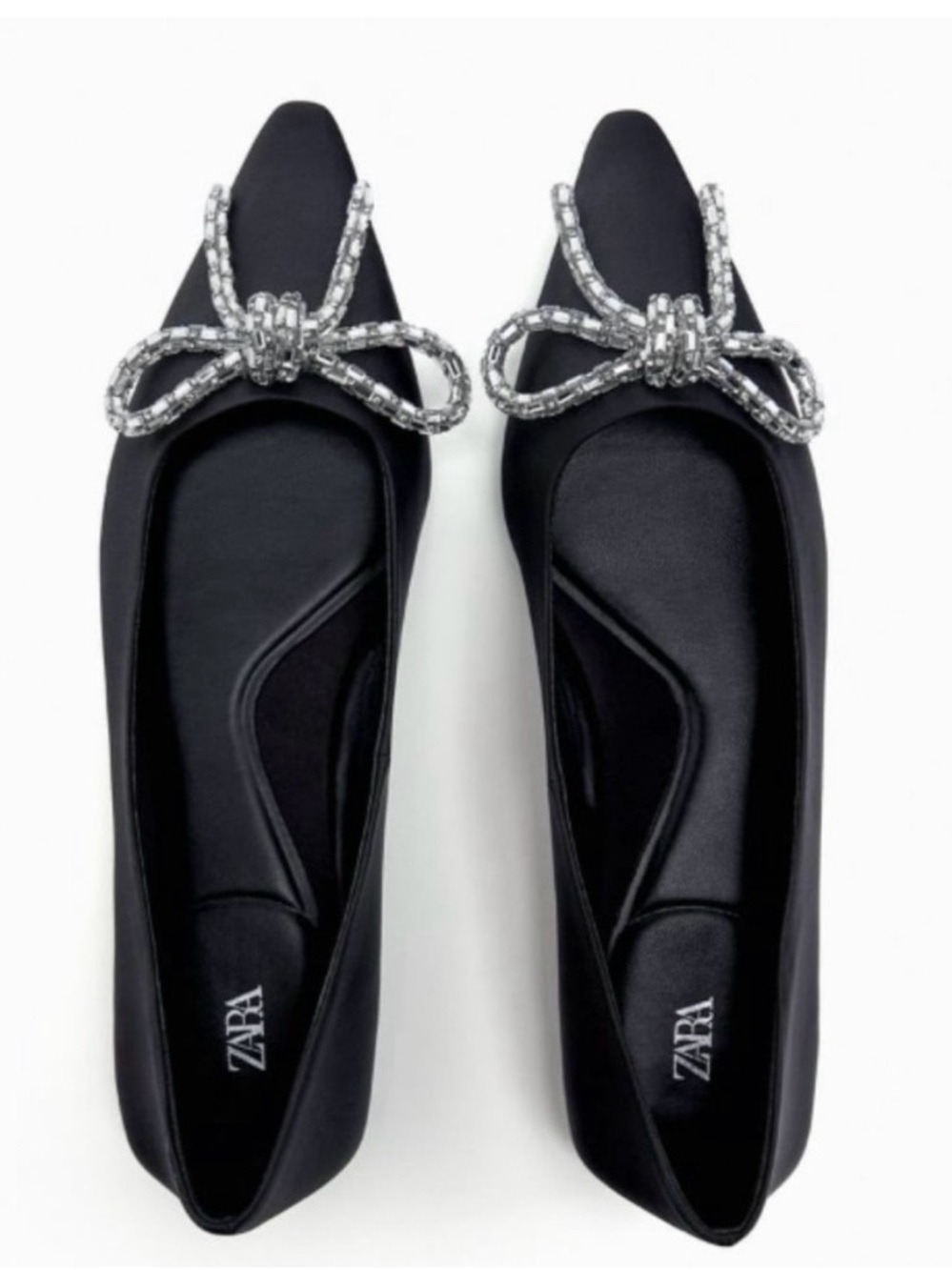 Zara Black Satin Ballet Flats Pointed Toe with Embellished Bow Size 6
